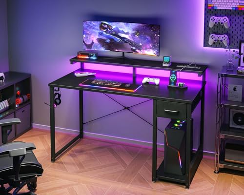 MOTPK Gaming Desk with LED Lights & Power Outlet, 48 Inch, Black X410417