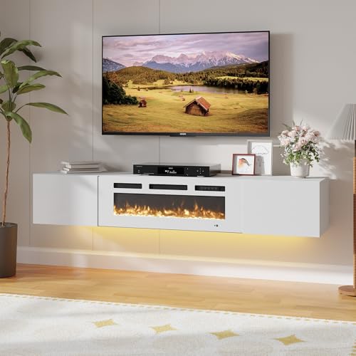 Aoxun Floating Fireplace TV Stand 70" Wall Mounted Entertainment Center with 36" Electric Fireplace, Black A864