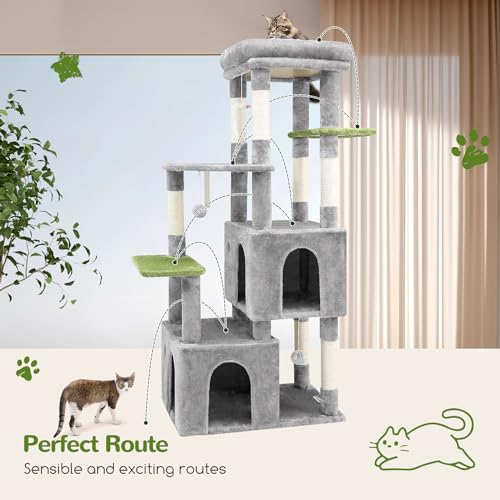 F61 Cat Tower for Indoor Cats, Heavy Duty with Scratching Post, Light Grey, 61 inch H2542