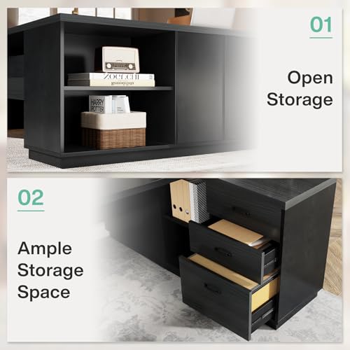Tribesigns 78" L-Shaped Executive Desk with Drawers and File Cabinet, Walnut & Black V6249