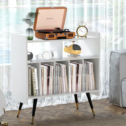 Large Record Player Stand with Power Outlet, Holds 350 Albums, Black I10987