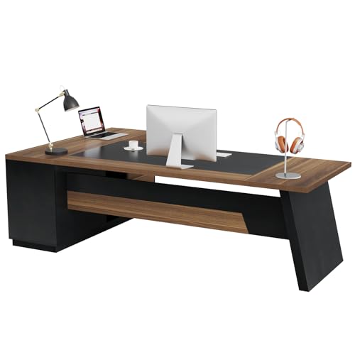 Tribesigns 78" L-Shaped Executive Desk with Drawers and File Cabinet, Walnut & Black V6249