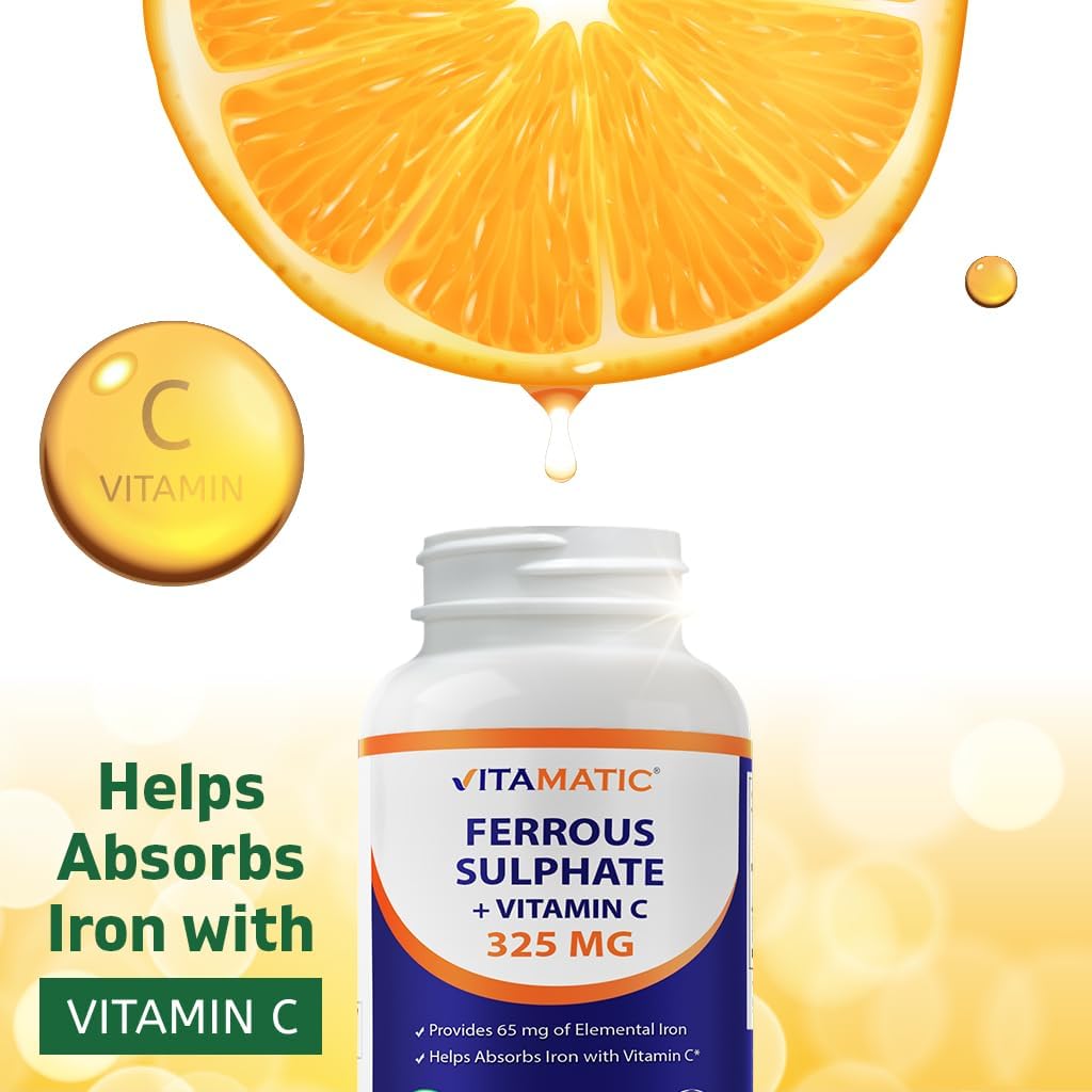 Vitamatic Ferrous Sulphate 325 mg + Vitamin C 100 mg Iron Supplement, 250 Coated Tablets J387