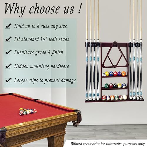 Wall Mount Pool Cue Rack for 8 Sticks, Solid Wood Mahogany S223328