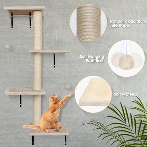 Almcmy Wall Mounted Cat Furniture 4 PCS Wood Cat Wall Shelves with Bridge, Grey P56660