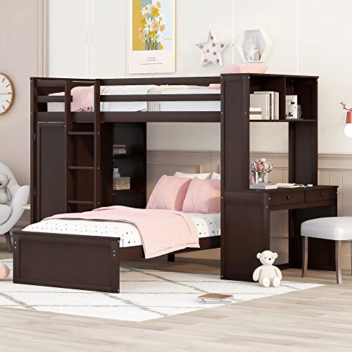 Harper & Bright Designs Full Over Twin Bunk Bed with Desk and Storage, Solid Wood, Gray L8927