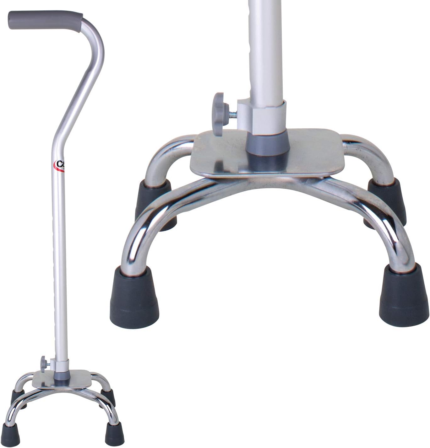 Carex Quad Cane with Small Base - Quad Walking Cane with Offset Cane Handle and Adjustable Height - 4 Tip Cane for Stability, Grey/Silver