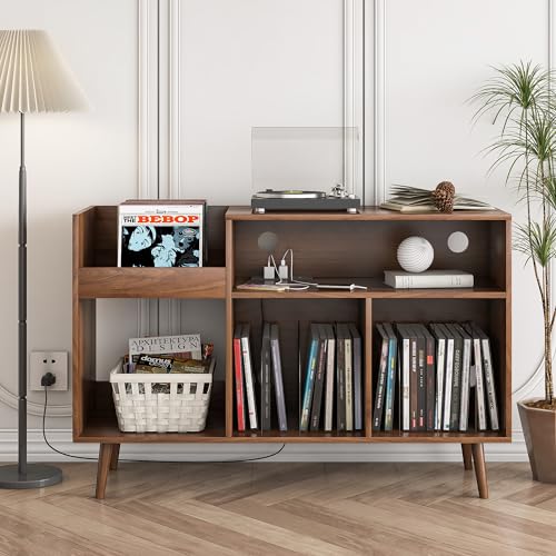 Large Record Player Stand with Power Outlet Vinyl Record Storage Cabinet Holds up to 350 Albums Record Player Table Turntable Stand with Record Storage for Living Room, Bedroom