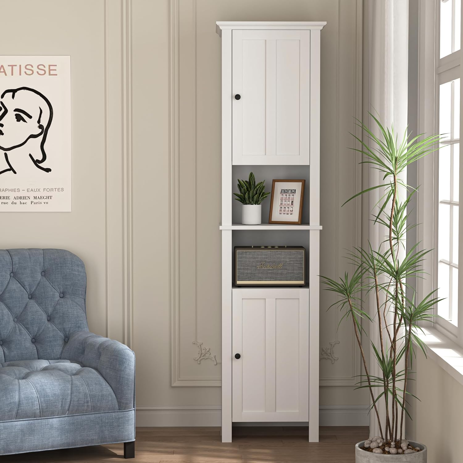 Tall Bathroom Storage Cabinet with Shelves and Door, Narrow, White Q863555